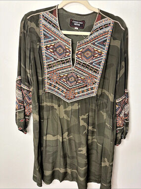 Johnny Was Workshop Camo Silk Tunic Dress Mini Dress